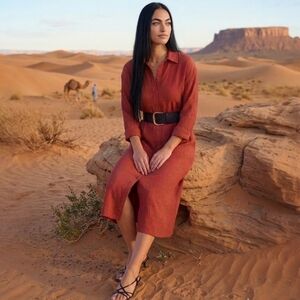 ​🔥 H&M CRINKLE CREPE Oversized Midi Shirt Dress XS Chili Red VIBRANT Boho Beach